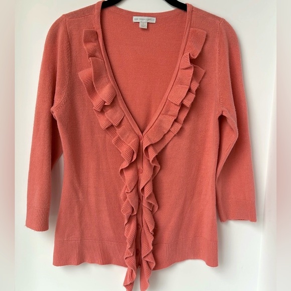 Button Front Cardigan Sweater Ruffled V-Neck 3/4 Sleeve Soft Muted Orange - Picture 5 of 5